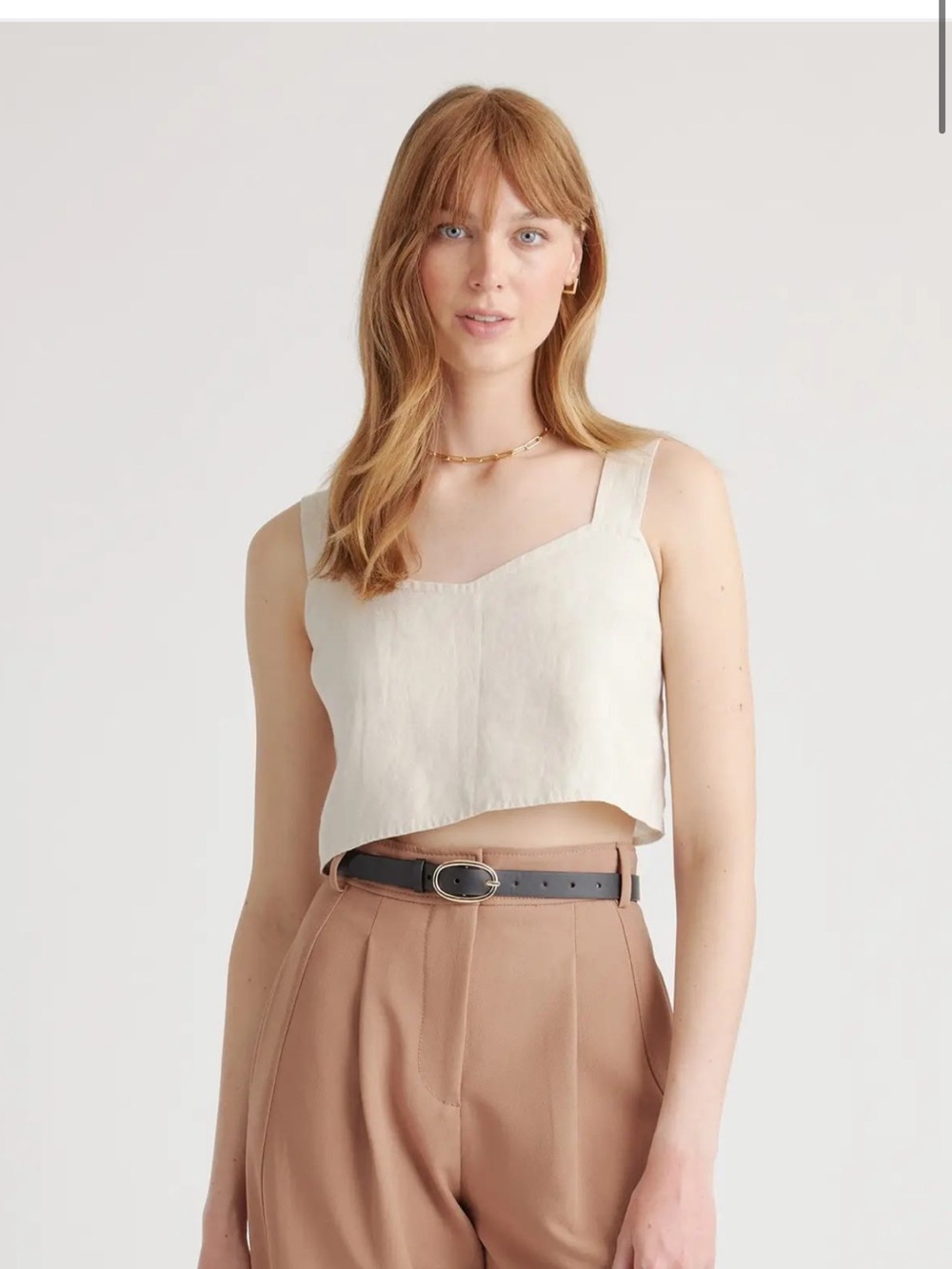 Quince 100% Flax Linen Boxy Fit Cropped Tank Top Size XL Button Back Sand Color